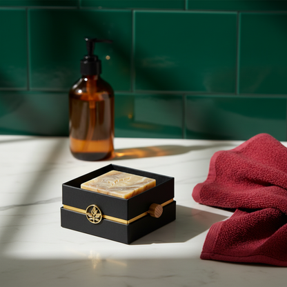 Botanical marbled soap gift set in an emerald green bathroom setting