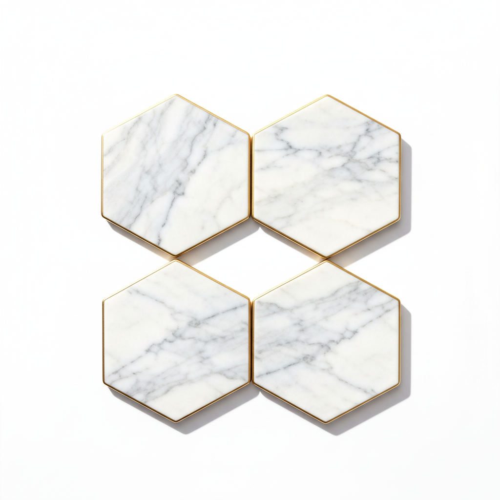 Marble hexagon coaster set white background