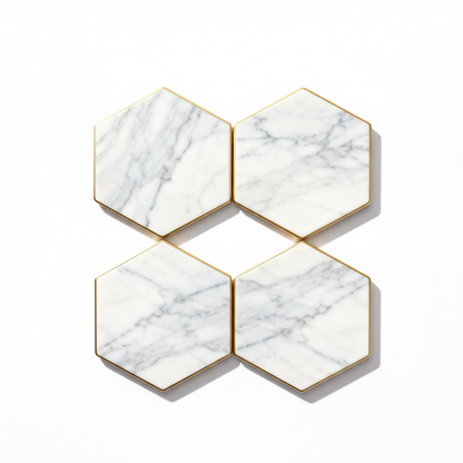 Marble hexagon coaster set white background