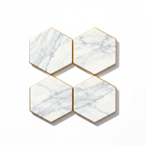 Marble hexagon coaster set white background