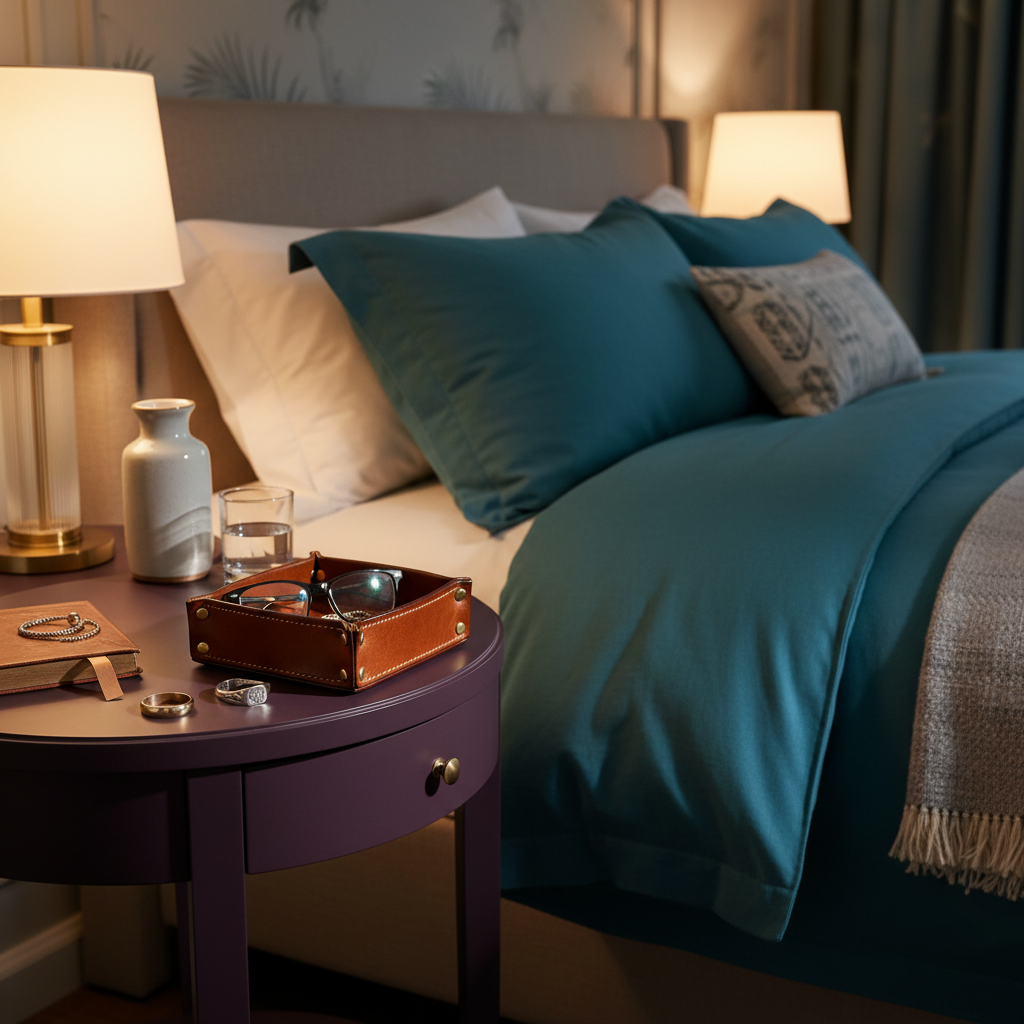 Caramel leather tray on a colorful bedside table
