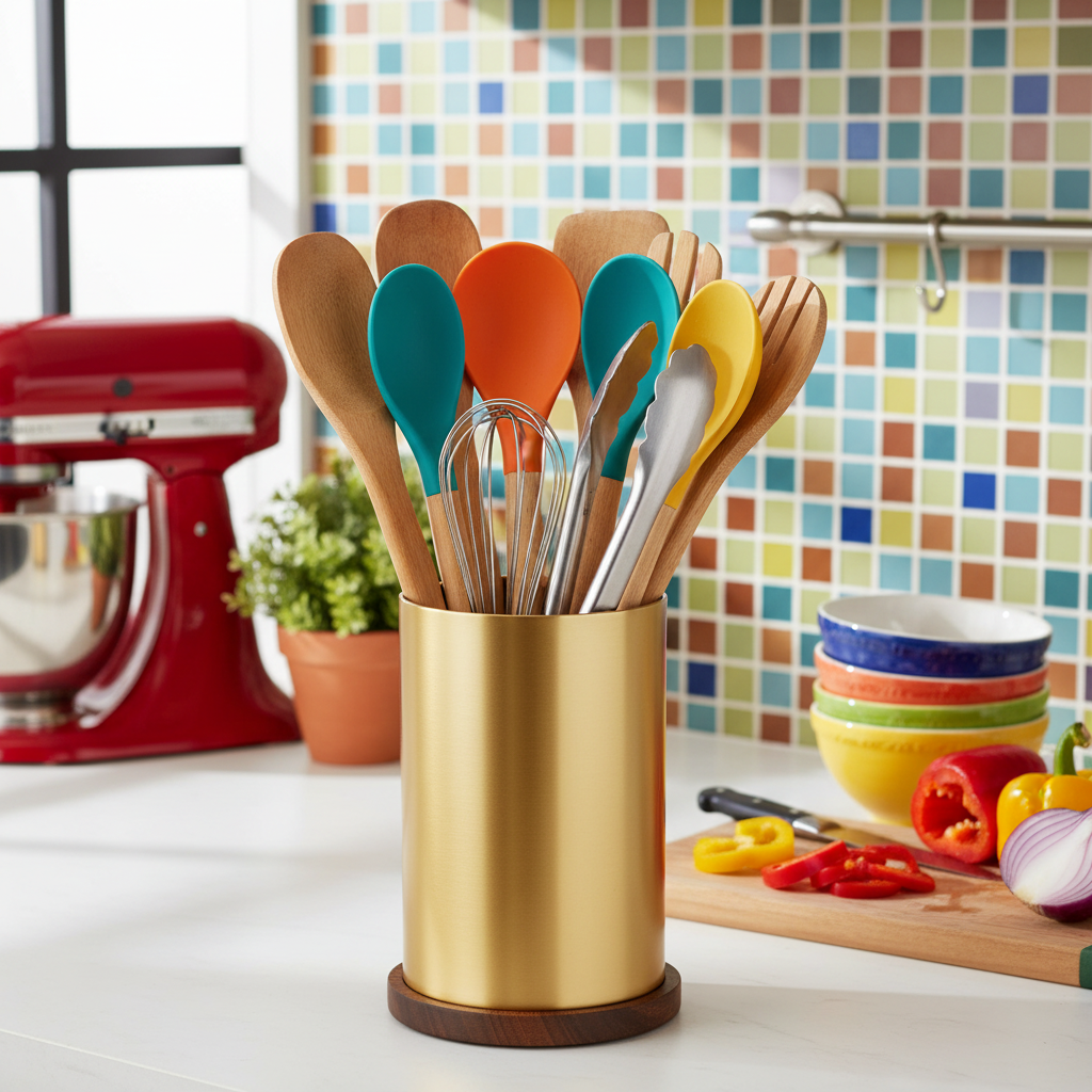 Gold organizer in kitchen