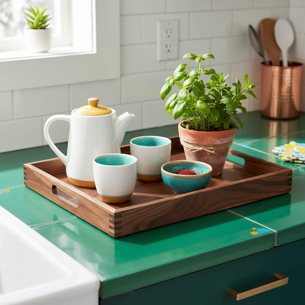 Dark walnut wooden serving tray holding a teapot, cups, herbs, and a bowl on a colorful kitchen counter
