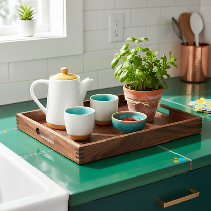 Dark walnut wooden serving tray holding a teapot, cups, herbs, and a bowl on a colorful kitchen counter