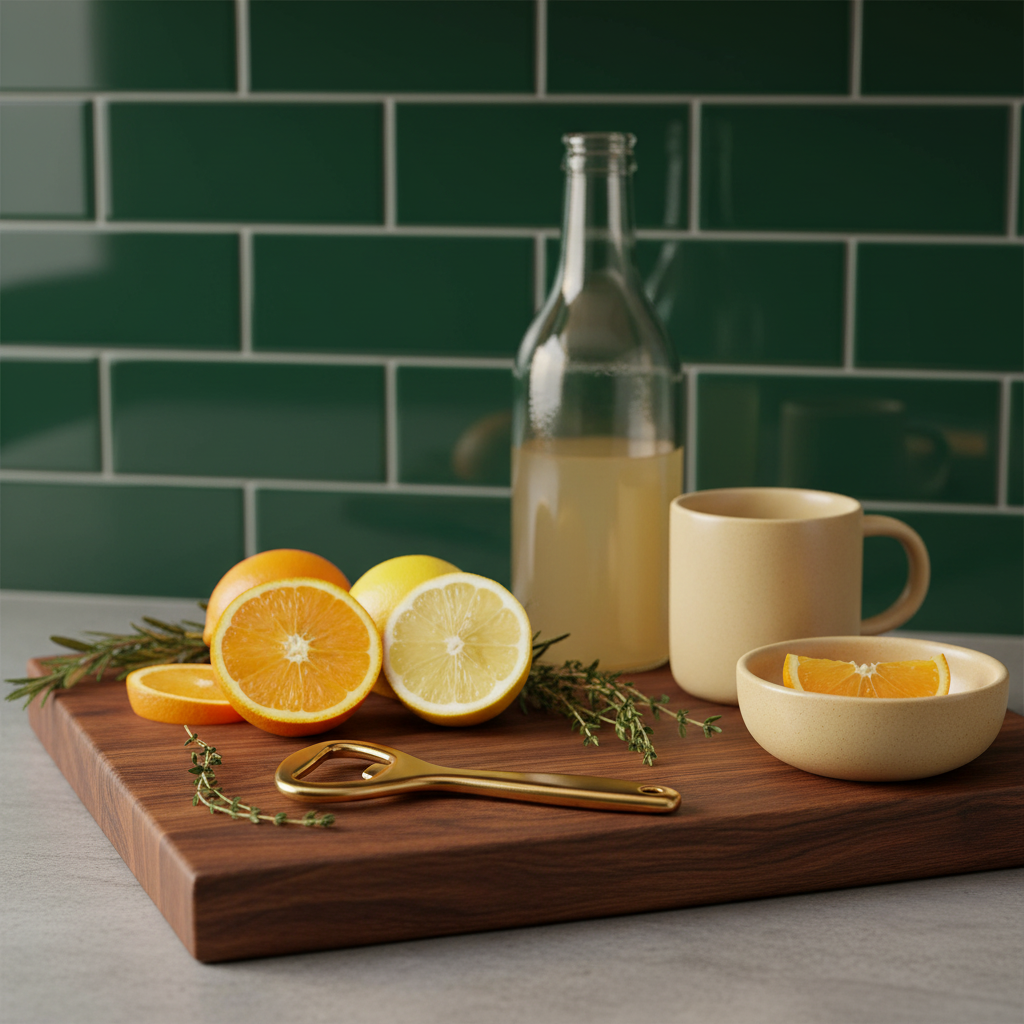 Gold-tone handheld bottle opener beside a serving board, citrus, herbs, and a glass bottle on an emerald kitchen counter