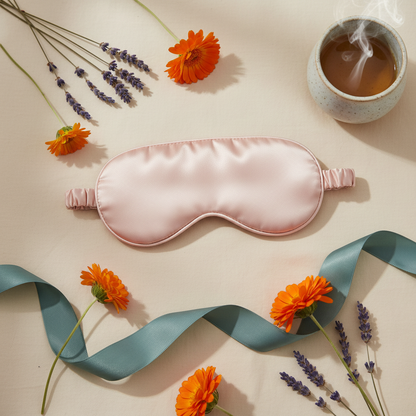 Blush-pink satin sleep mask arranged with flowers, teal ribbon, and a ceramic cup