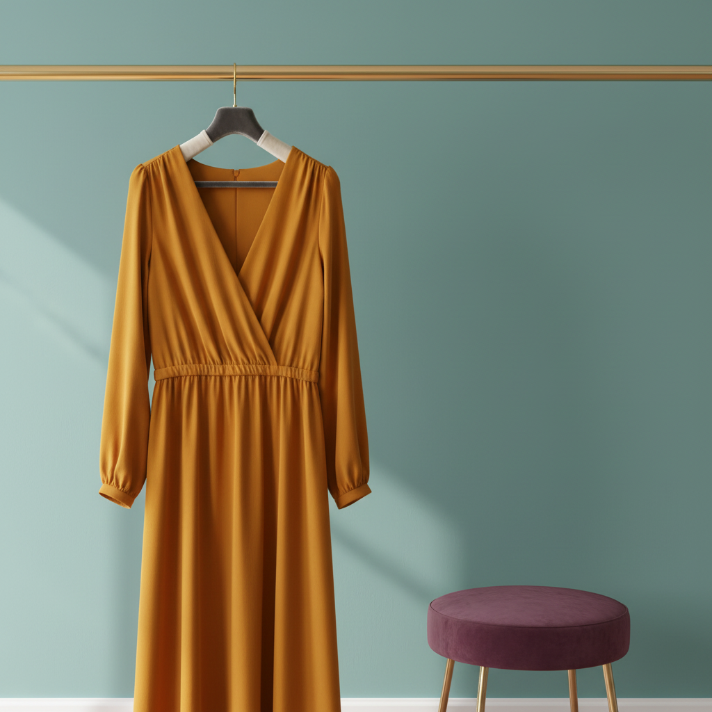 Dual-tone velvet clothes hanger on a brass rail with a saffron dress in a colorful dressing corner