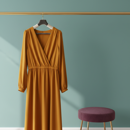 Dual-tone velvet clothes hanger on a brass rail with a saffron dress in a colorful dressing corner