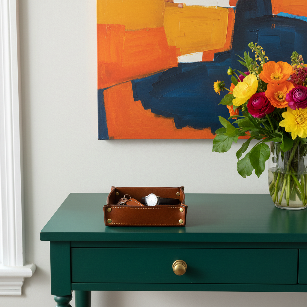 Caramel leather valet tray on colorful entryway console