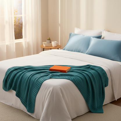 Icy blue pillowcase self-care bedroom scene