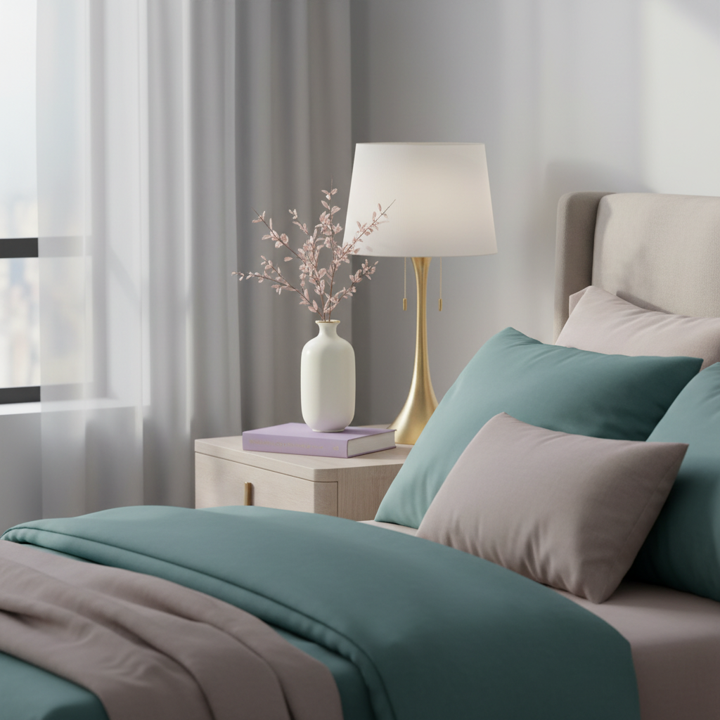 Cream-white gold-rim ceramic vase with blush branches beside a colorful bedside table