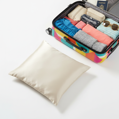 Cream satin pillowcase travel scene
