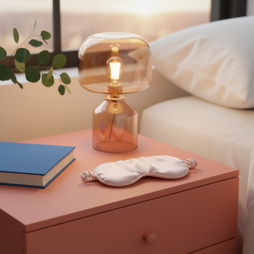 Blush-pink satin sleep mask styled on a colorful bedside table with a book and green leaves