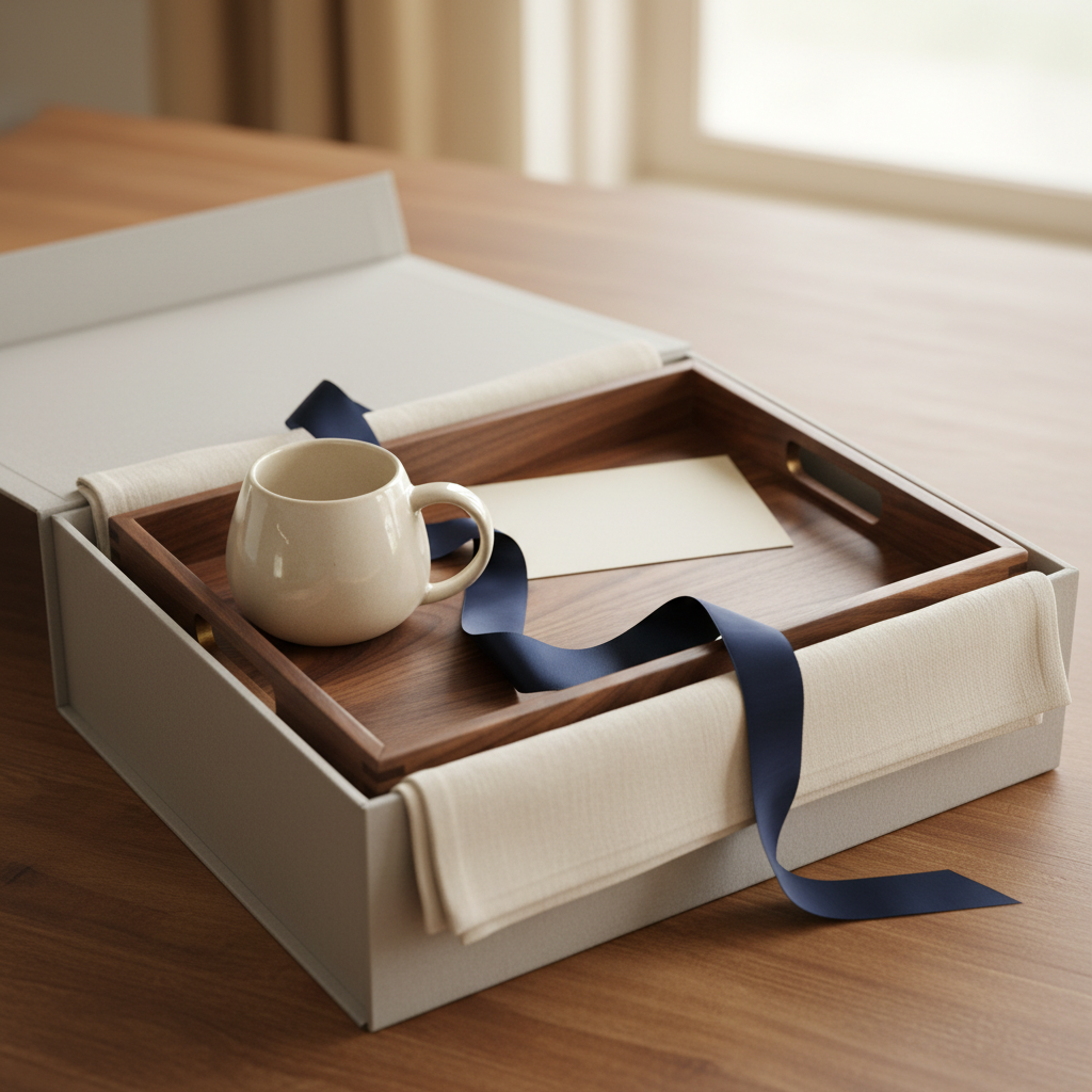 Dark walnut wooden serving tray presented with cream linen, a ceramic mug, navy ribbon, and a gift card