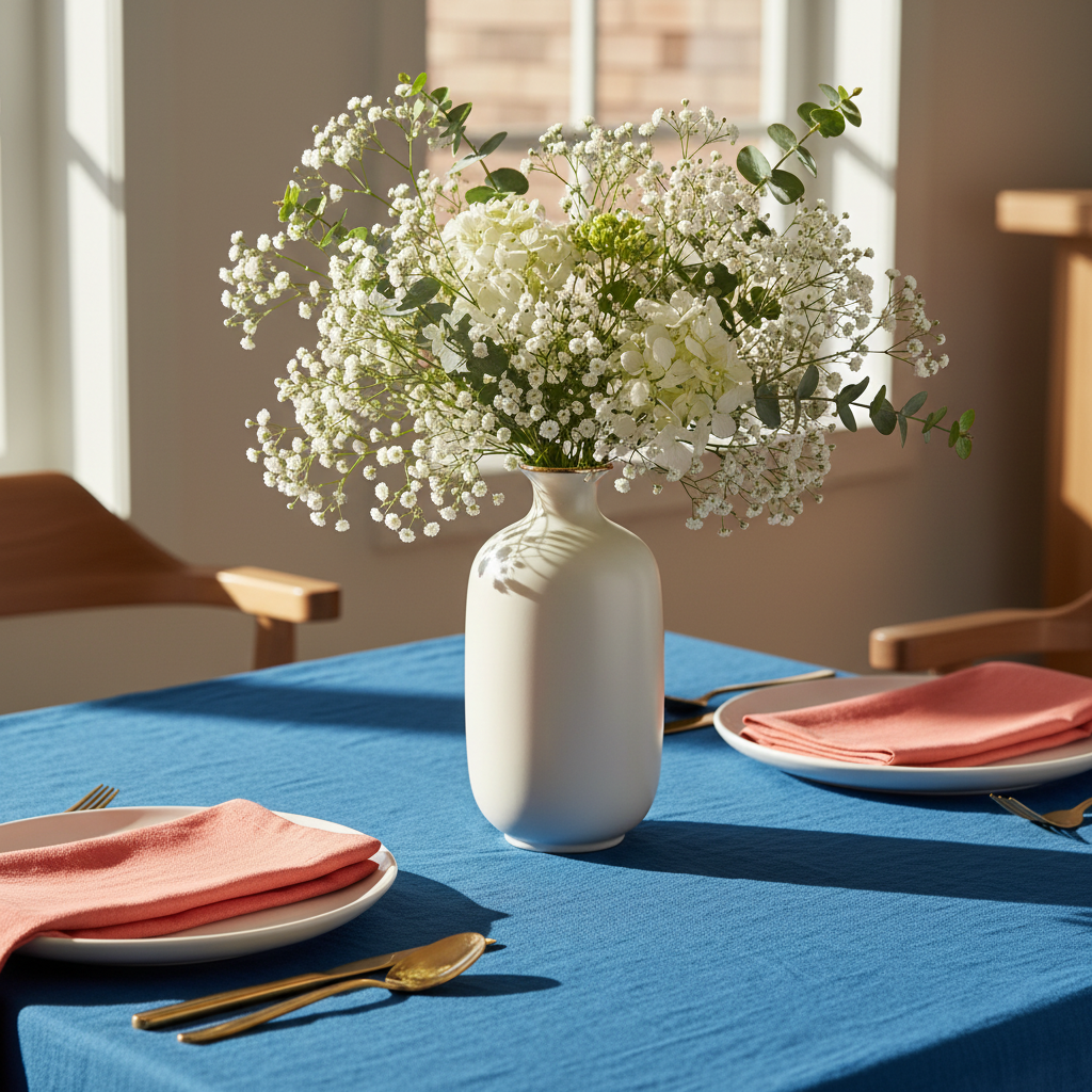 Cream-white gold-rim ceramic vase filled with white flowers on a colorful dining table