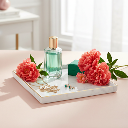 White marble-effect gold-rim tray styled with perfume, jewelry, flowers, and green accents