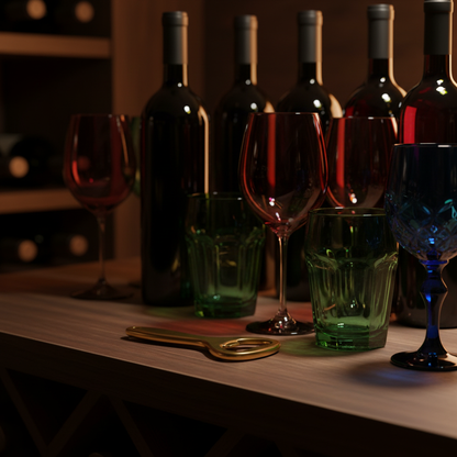 Gold-tone handheld bottle opener on a dark wood shelf beside colorful glassware and bottle reflections