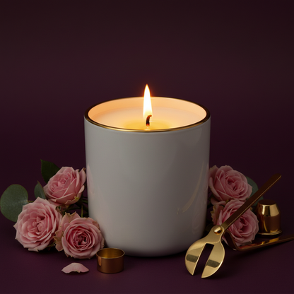 Close-up of ivory ceramic candle and polished gold rim