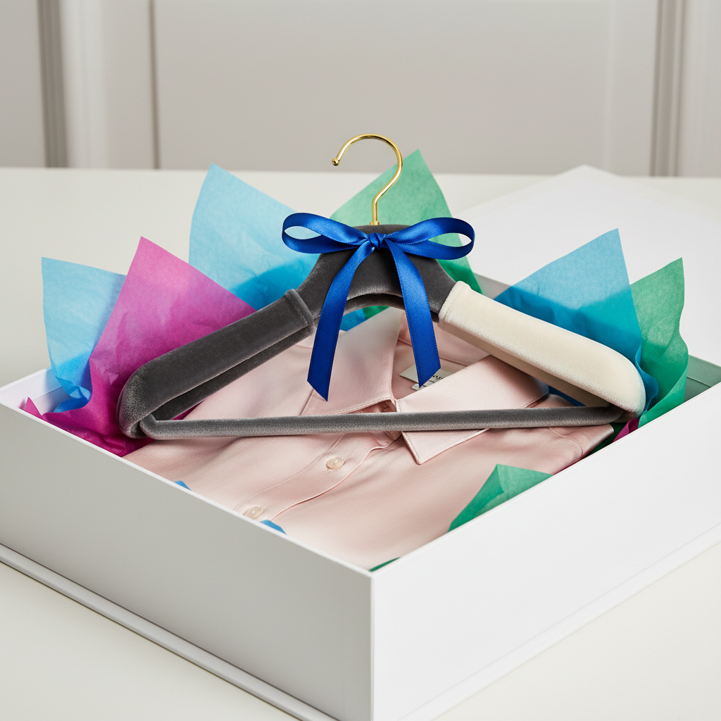 Dual-tone velvet clothes hanger presented with a folded blush shirt and colorful gift packaging