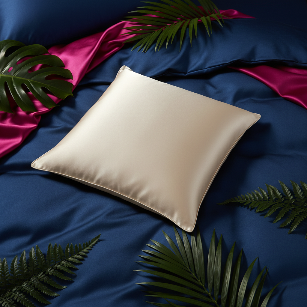 Ivory satin pillowcase styled against sapphire bedding with magenta silk and green leaves