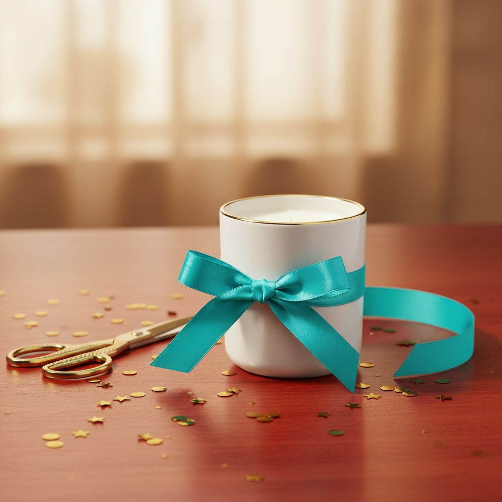 Ivory gold-rim candle styled as a colorful gift
