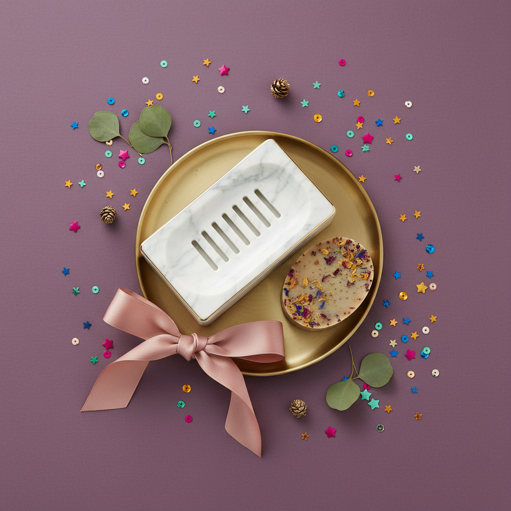Marble-look gold-trim soap dish styled as a colorful gift