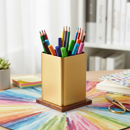 Gold organizer on colorful desk