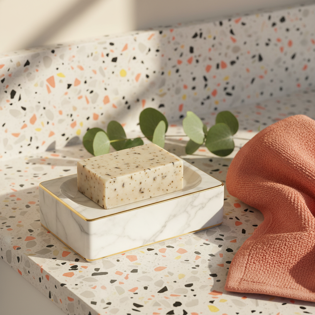 Marble-look soap dish with gold trim on a colorful sunny bathroom counter