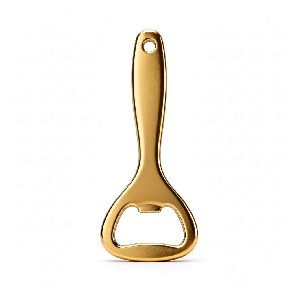 Polished gold-tone handheld bottle opener with elongated handle and rounded hanging hole on a white background