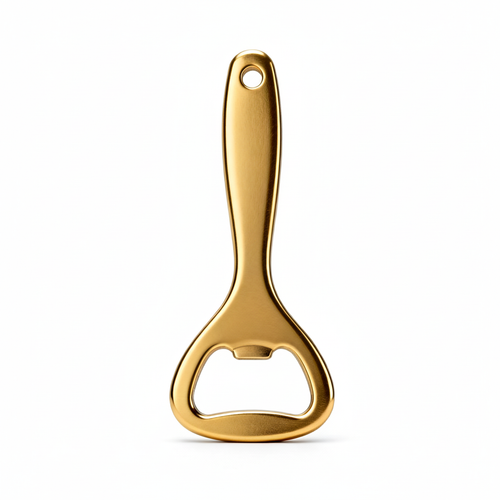 Polished gold-tone handheld bottle opener with elongated handle and rounded hanging hole on a white background