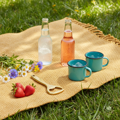 Gold-tone handheld bottle opener styled on a colorful picnic blanket with bottles, fruit, and wildflowers