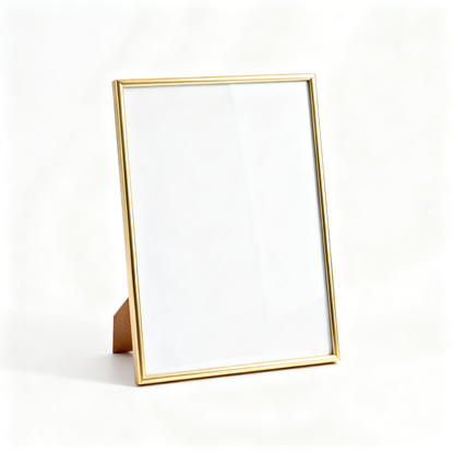 Slim gold-tone rectangular picture frame with wooden easel stand and blank white insert