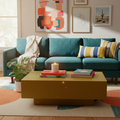 White ceramic gold-rim candle in a colorful living room