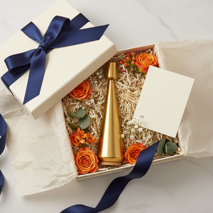 Gold-tone tapered candle holder presented in an elegant gift box with navy ribbon and flowers