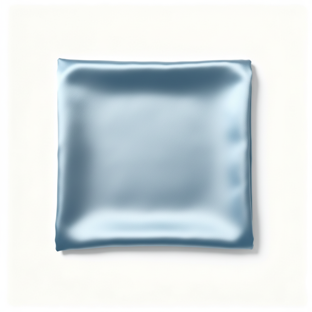 Folded icy blue satin pillowcase on white background