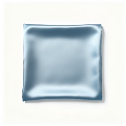 Folded icy blue satin pillowcase on white background