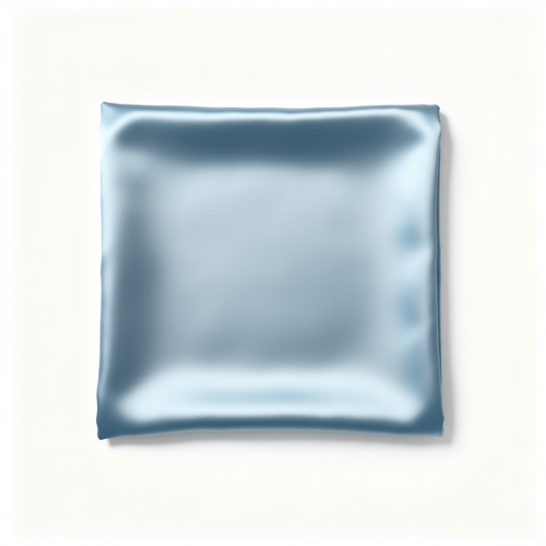 Folded icy blue satin pillowcase on white background