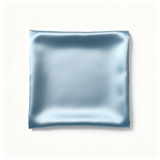 Folded icy blue satin pillowcase on white background