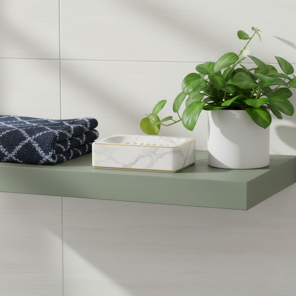 Marble-look soap dish with gold trim on a sage green bathroom shelf