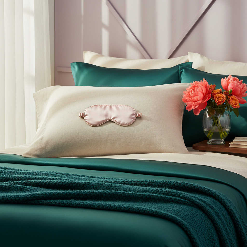 Blush-pink satin sleep mask resting on a cream pillow in a colorful bedroom