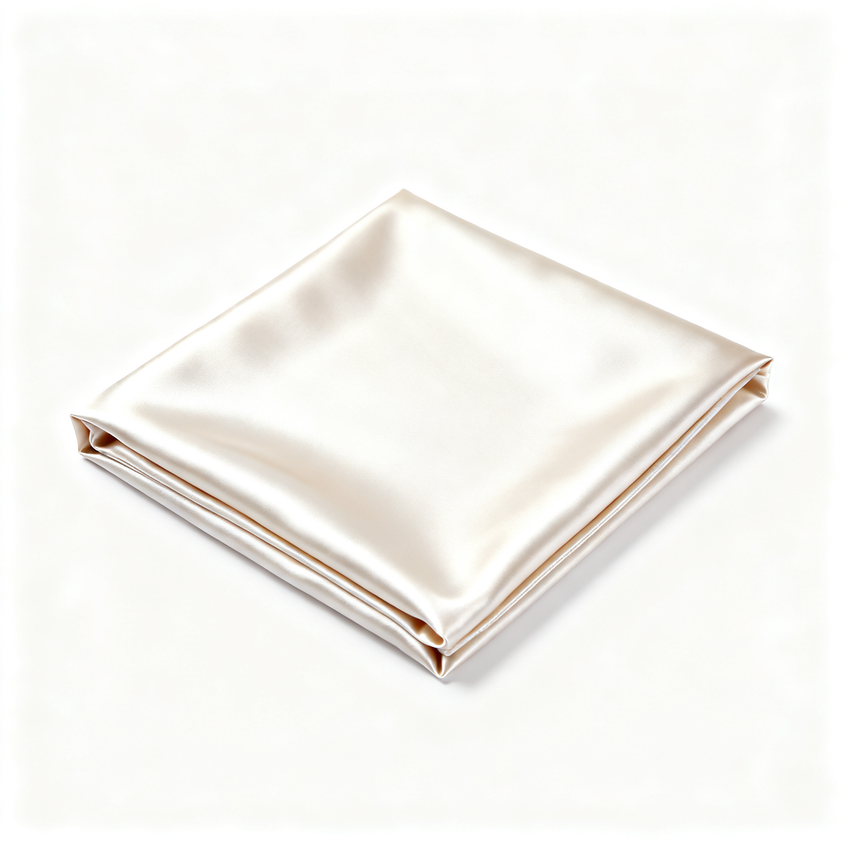 Ivory satin pillowcase with glossy folded edges and champagne trim on a white background