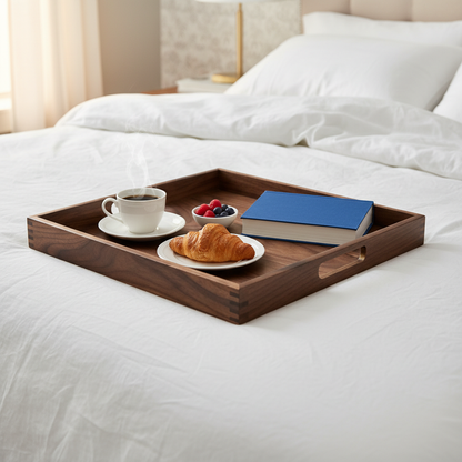 Dark walnut wooden serving tray styled with coffee, croissant, white linen, berries, and a blue book