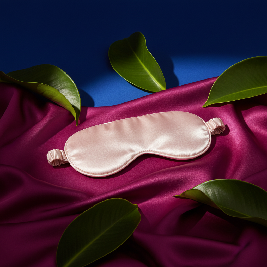 Blush-pink satin sleep mask in a colorful sapphire, magenta, and lime still life