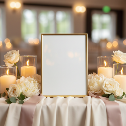 Gold-tone picture frame with blank insert surrounded by cream flowers, blush ribbon, and candles