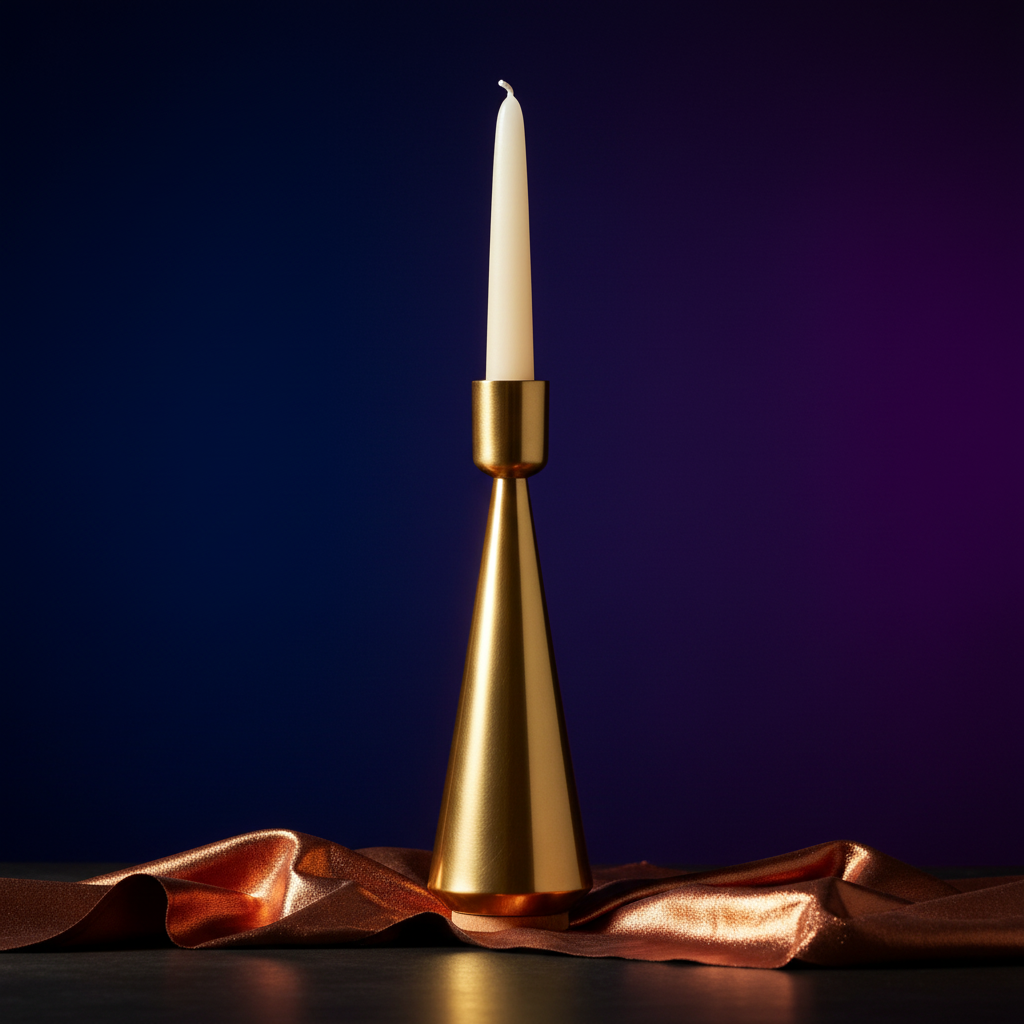 Gold-tone tapered candle holder with pale taper candle in a sapphire and violet jewel-tone setting