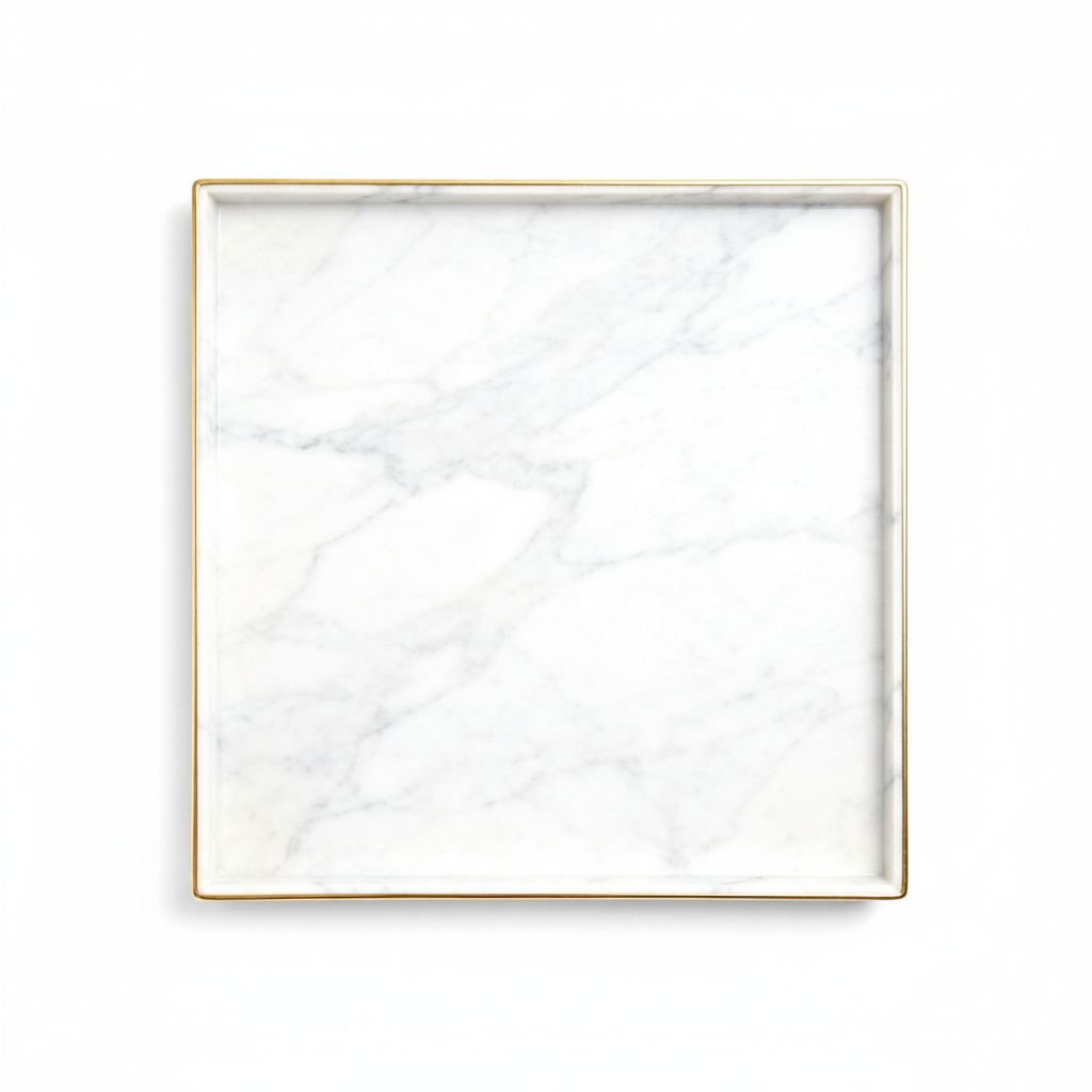 Square white marble-effect tray with gray veining and thin gold-tone border on a white background