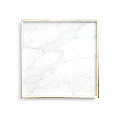 Square white marble-effect tray with gray veining and thin gold-tone border on a white background