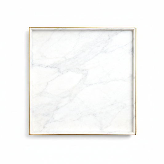 Square white marble-effect tray with gray veining and thin gold-tone border on a white background