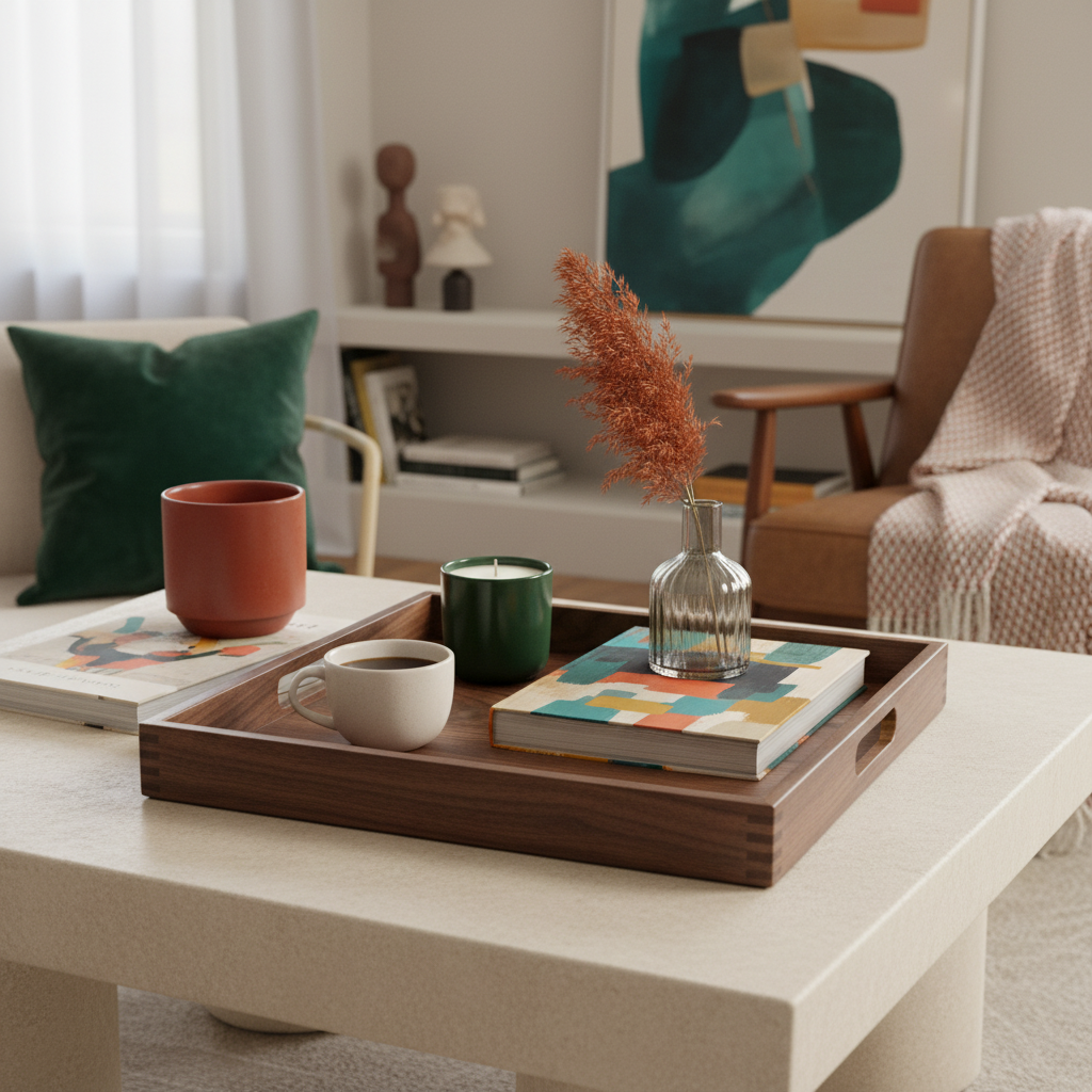 Dark walnut wooden serving tray styled with a cup, candle, vase, and art book on a coffee table