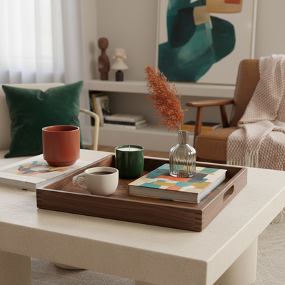Dark walnut wooden serving tray styled with a cup, candle, vase, and art book on a coffee table